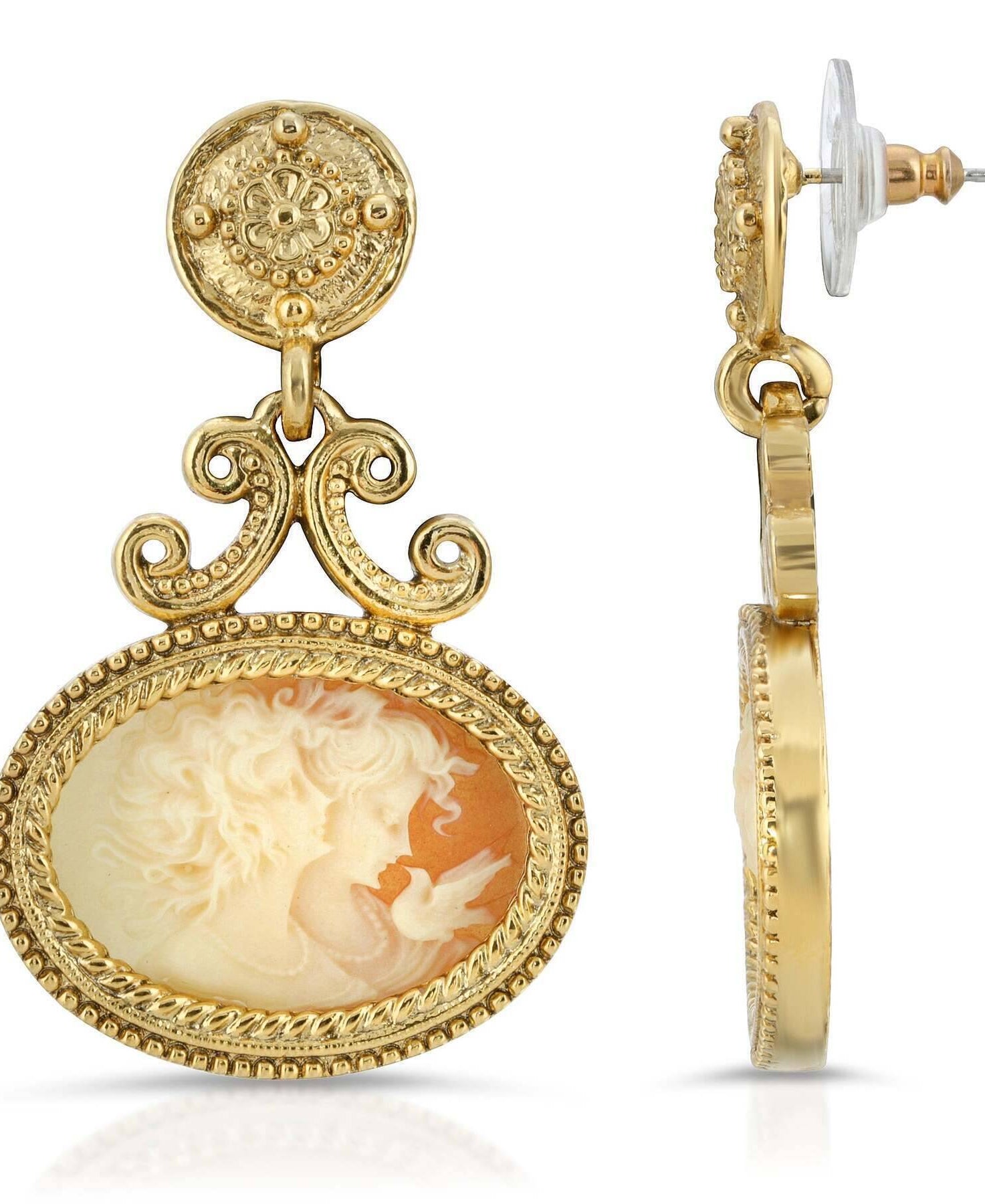 Antiquities Couture Carnelian Color Cameo Twin Muse And Bird Drop Earrings