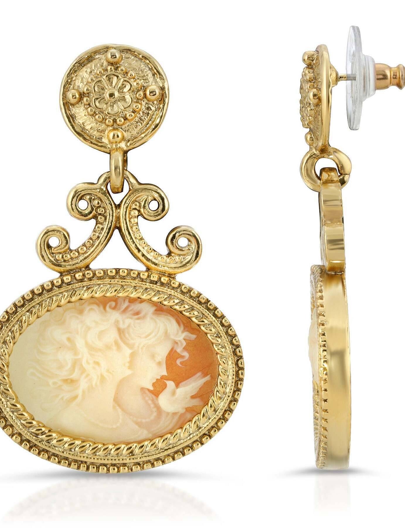 Antiquities Couture Carnelian Color Cameo Twin Muse And Bird Drop Earrings