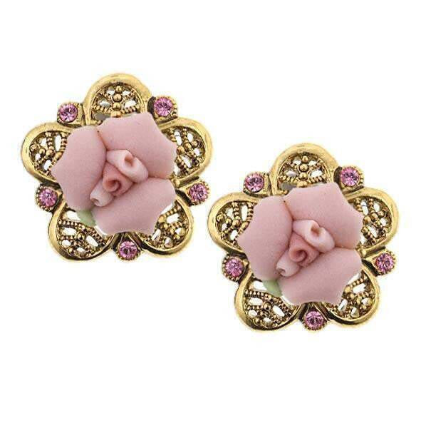 1928 Bridal Pink Crystal And Porcelain Rose Filigree Button Earrings