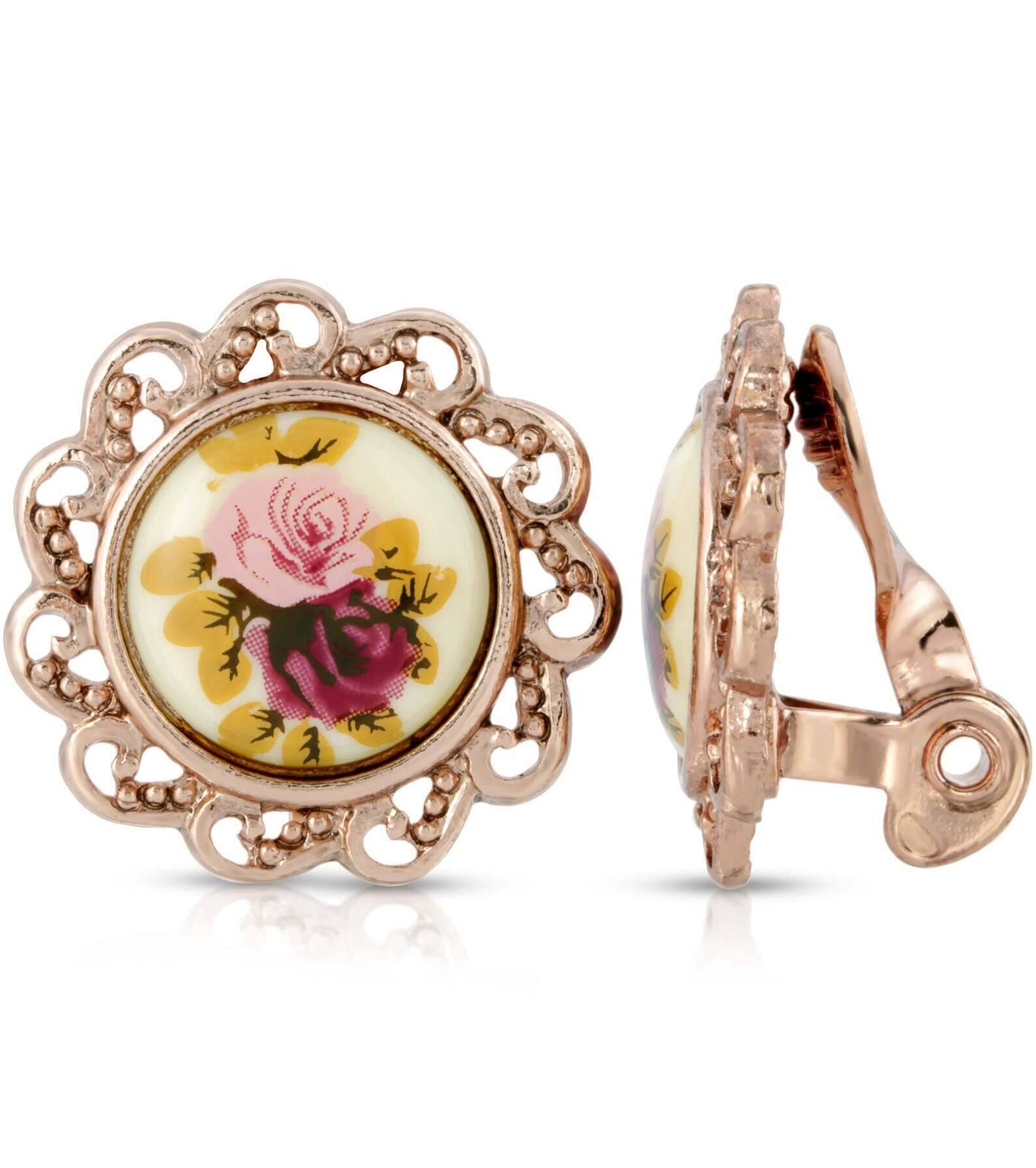 1928 Jewelry Manor House Pink & Purple Rose Decal Clip On Earrings