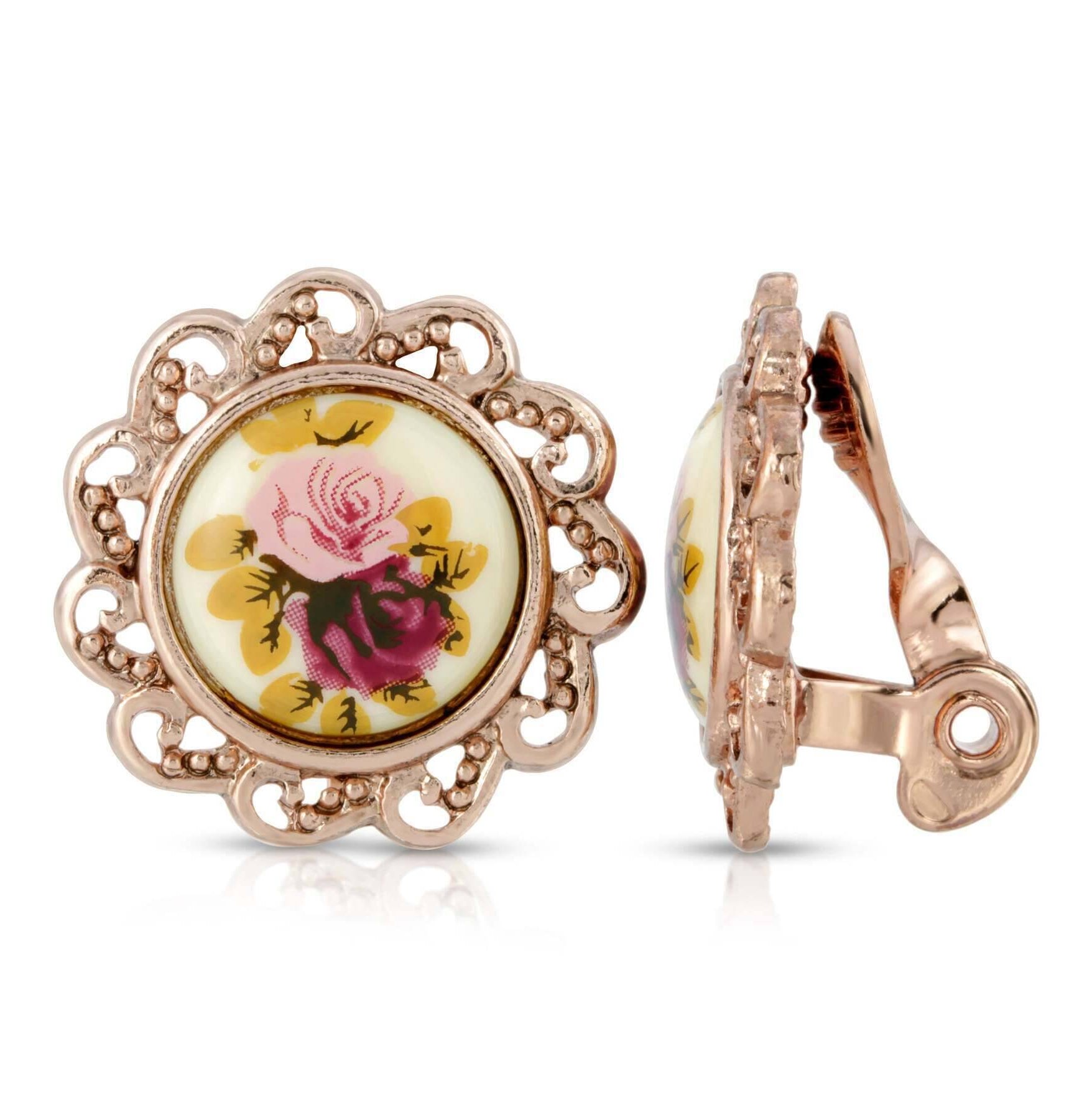 1928 Jewelry Manor House Pink & Purple Rose Decal Clip On Earrings