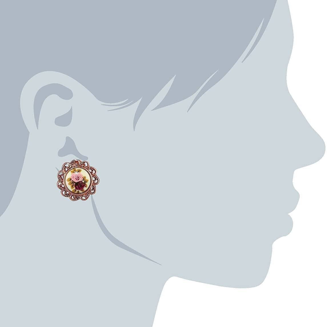 1928 Jewelry Manor House Pink & Purple Rose Decal Clip On Earrings