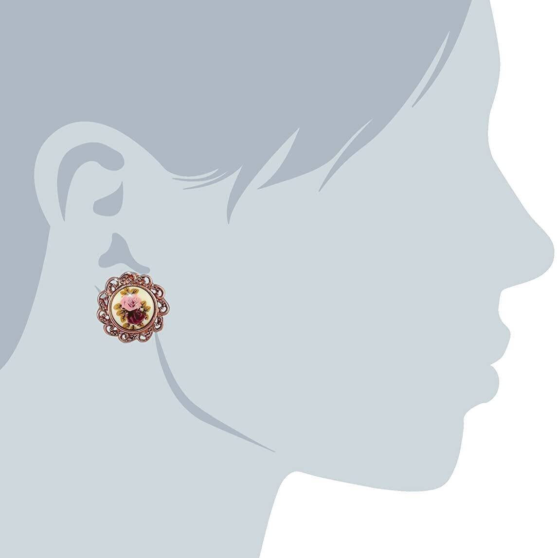 1928 Jewelry Manor House Pink & Purple Rose Decal Clip On Earrings