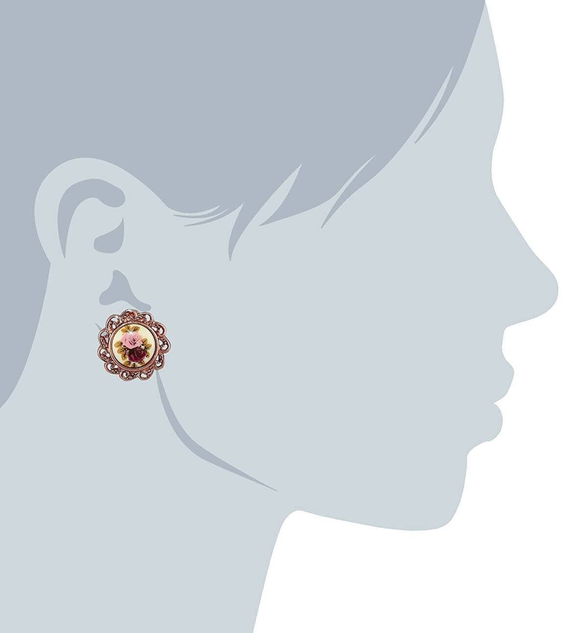 1928 Jewelry Manor House Pink & Purple Rose Decal Clip On Earrings