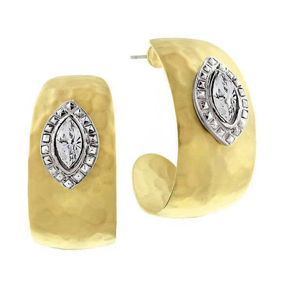 2028 Jewelry Two Tone Crystal Hammered Hoop Earrings
