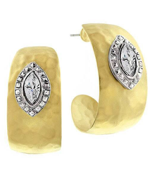 2028 Jewelry Two Tone Crystal Hammered Hoop Earrings