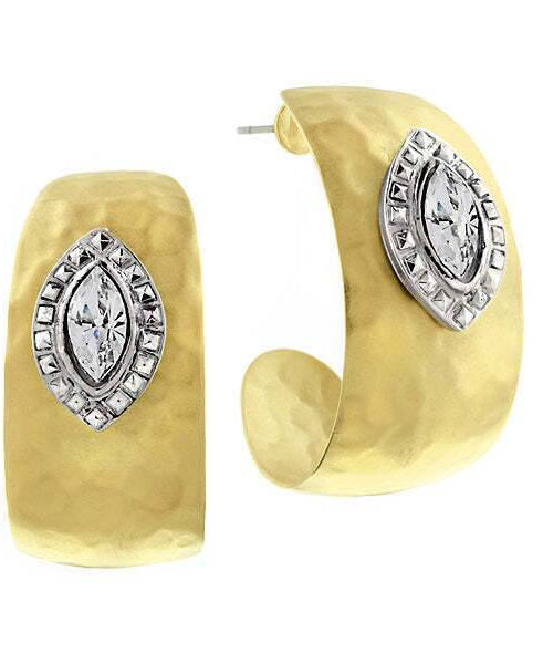 2028 Jewelry Two Tone Crystal Hammered Hoop Earrings