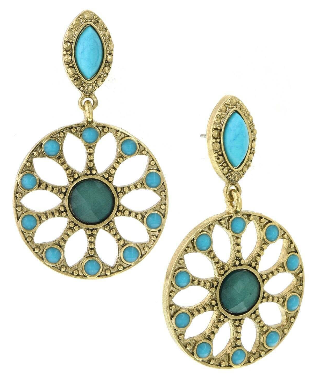 1928 Jewelry Oasis Green & Turquoise Stone Drop Hoop Earrings
