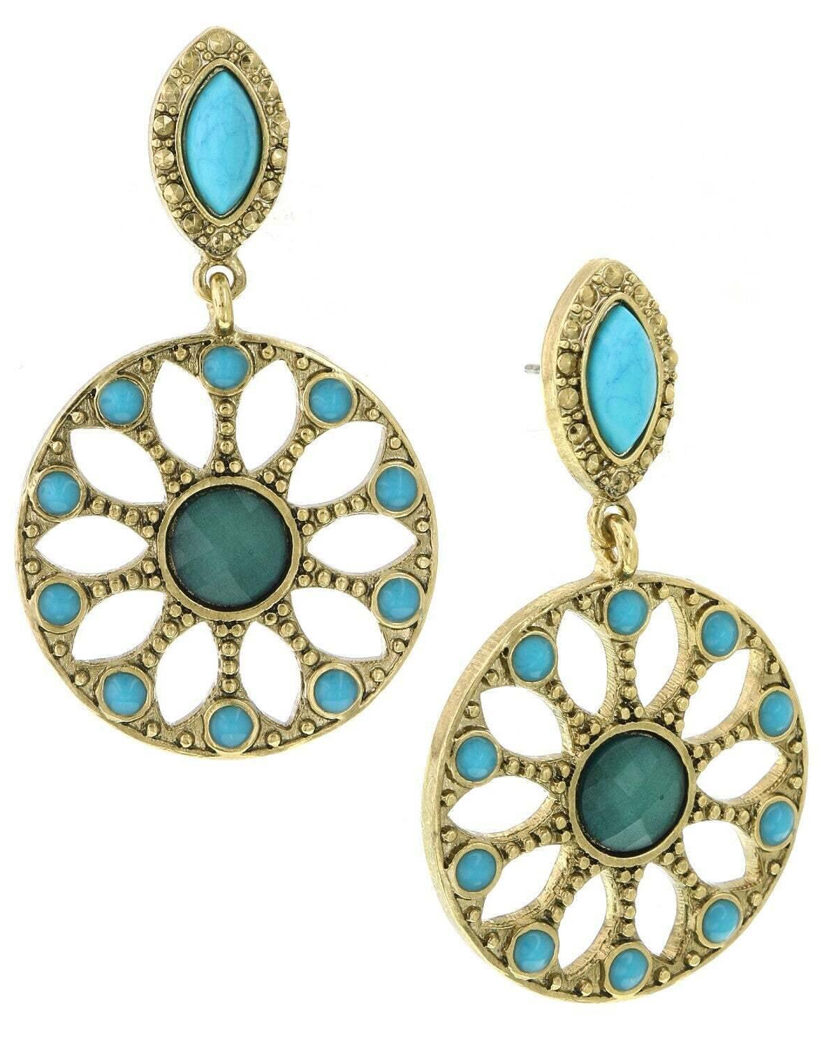 1928 Jewelry Oasis Green & Turquoise Stone Drop Hoop Earrings