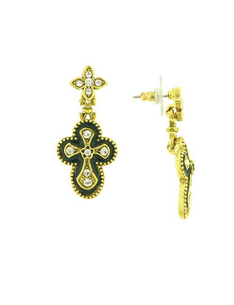 Antiquities Couture Crystal And Black Enamel Gothic Cross Drop Earrings