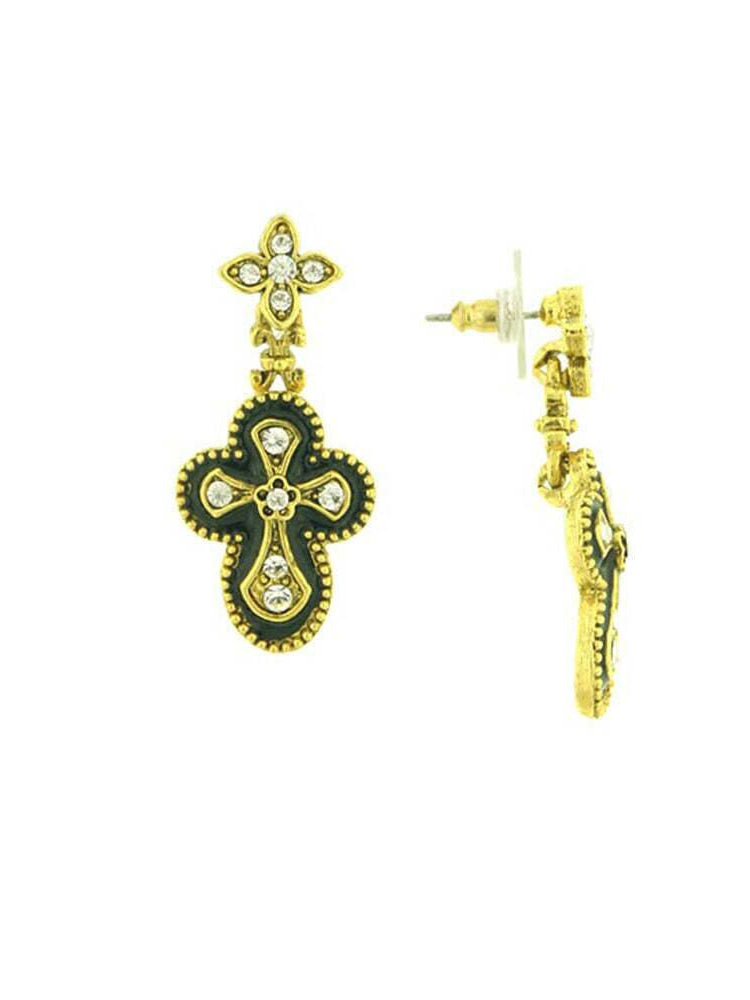 Antiquities Couture Crystal And Black Enamel Gothic Cross Drop Earrings