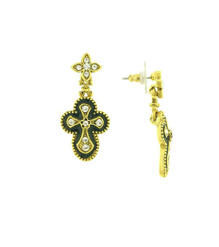 Antiquities Couture Crystal And Black Enamel Gothic Cross Drop Earrings