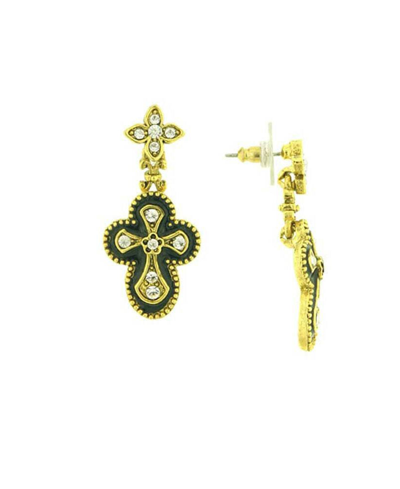 Antiquities Couture Crystal And Black Enamel Gothic Cross Drop Earrings