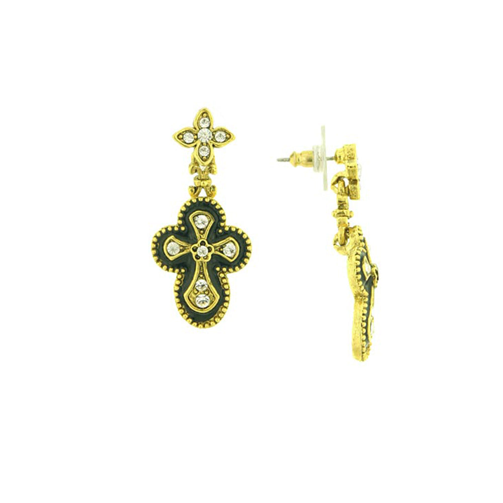 Gold Tone Crystal And Black Enamel Gothic Cross Drop Earrings