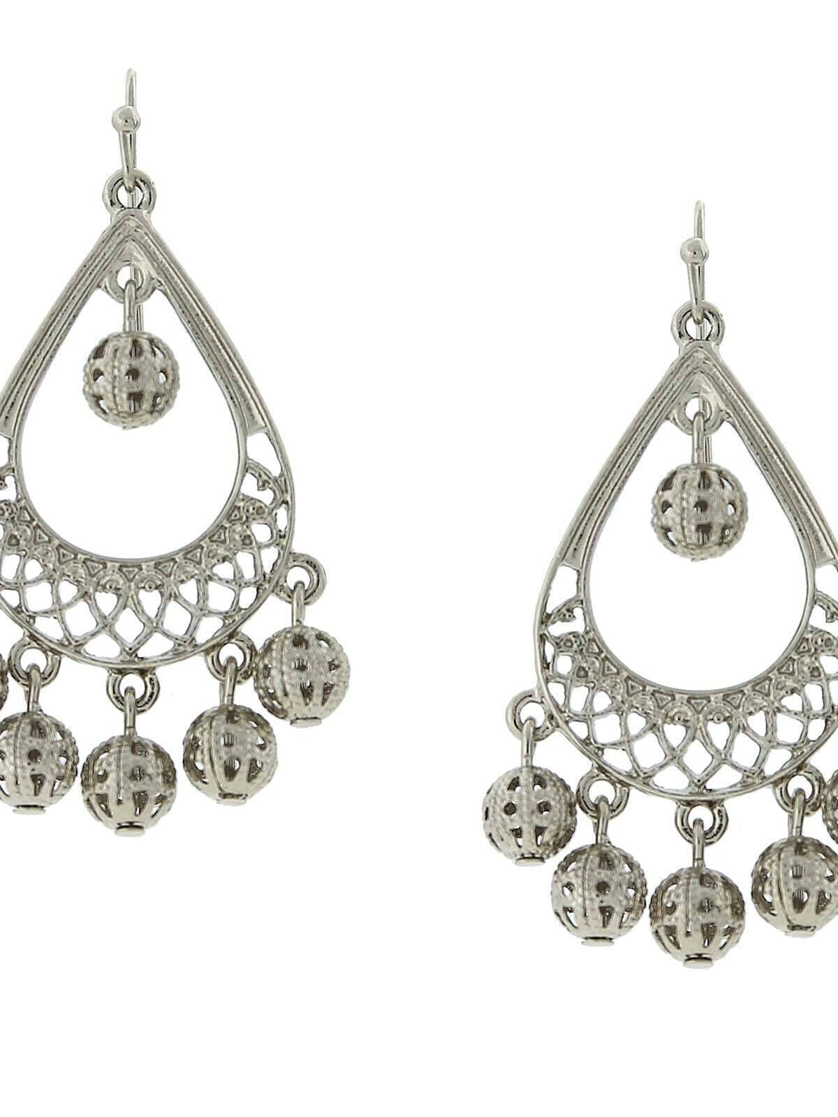 2028 Jewelry Silver Round Filigree Puff Ball Drops Teardrop Earrings