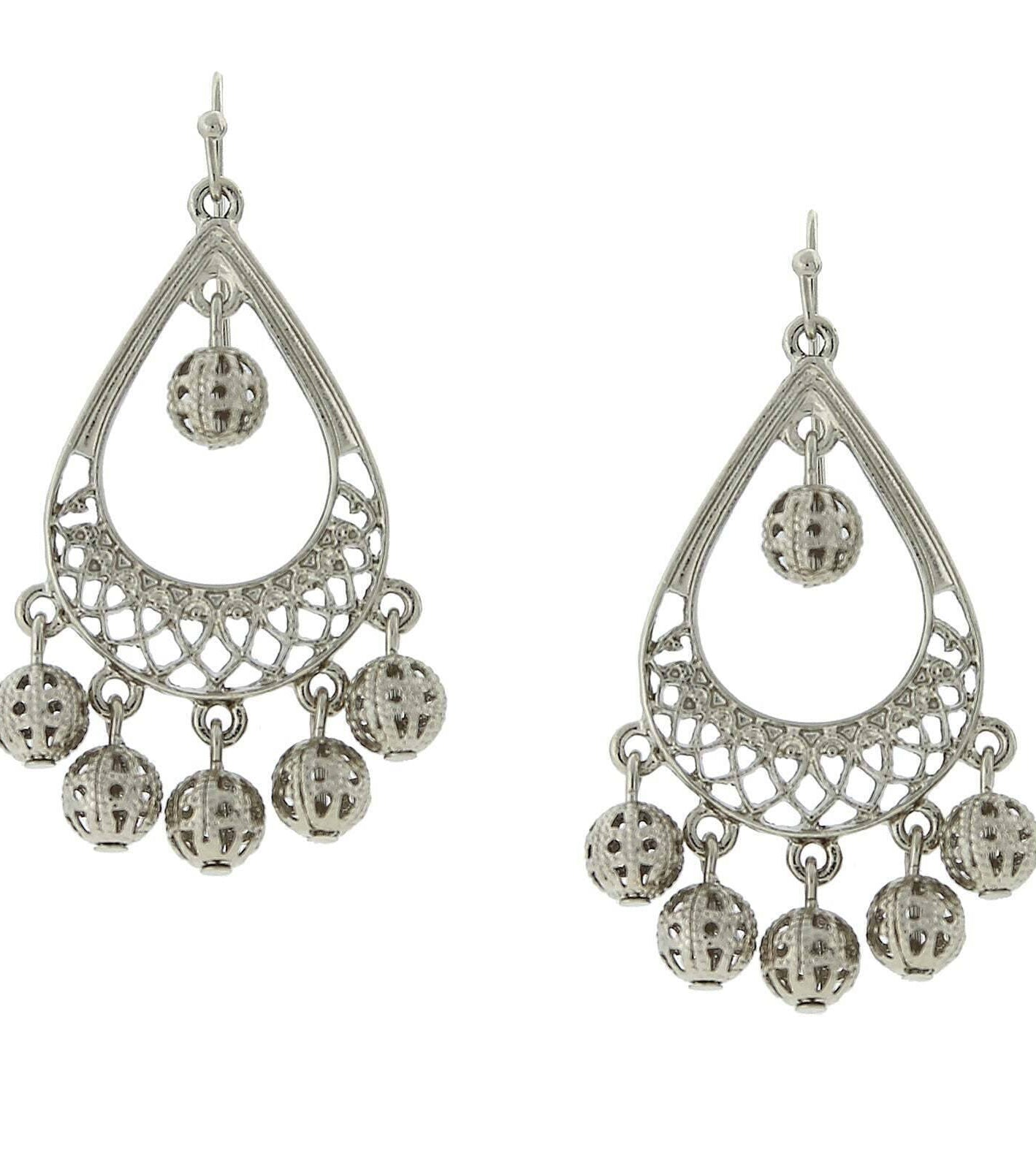 2028 Jewelry Silver Round Filigree Puff Ball Drops Teardrop Earrings