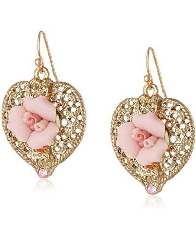 1928 Bridal Pink Crystal And Porcelain Rose Filigree Heart Earrings