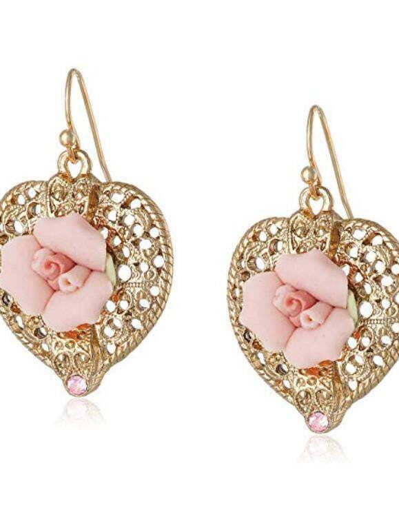 1928 Bridal Pink Crystal And Porcelain Rose Filigree Heart Earrings