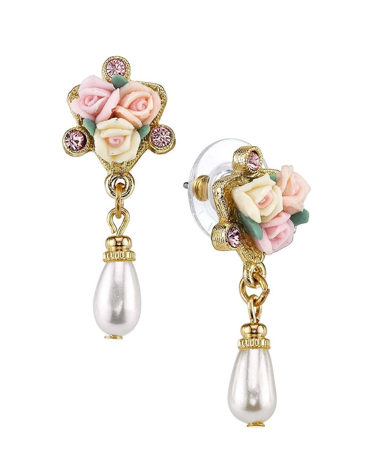 1928 Bridal Multi-Color Porcelain Rose Pink Crystal Faux Pearl Drop Post Earrings