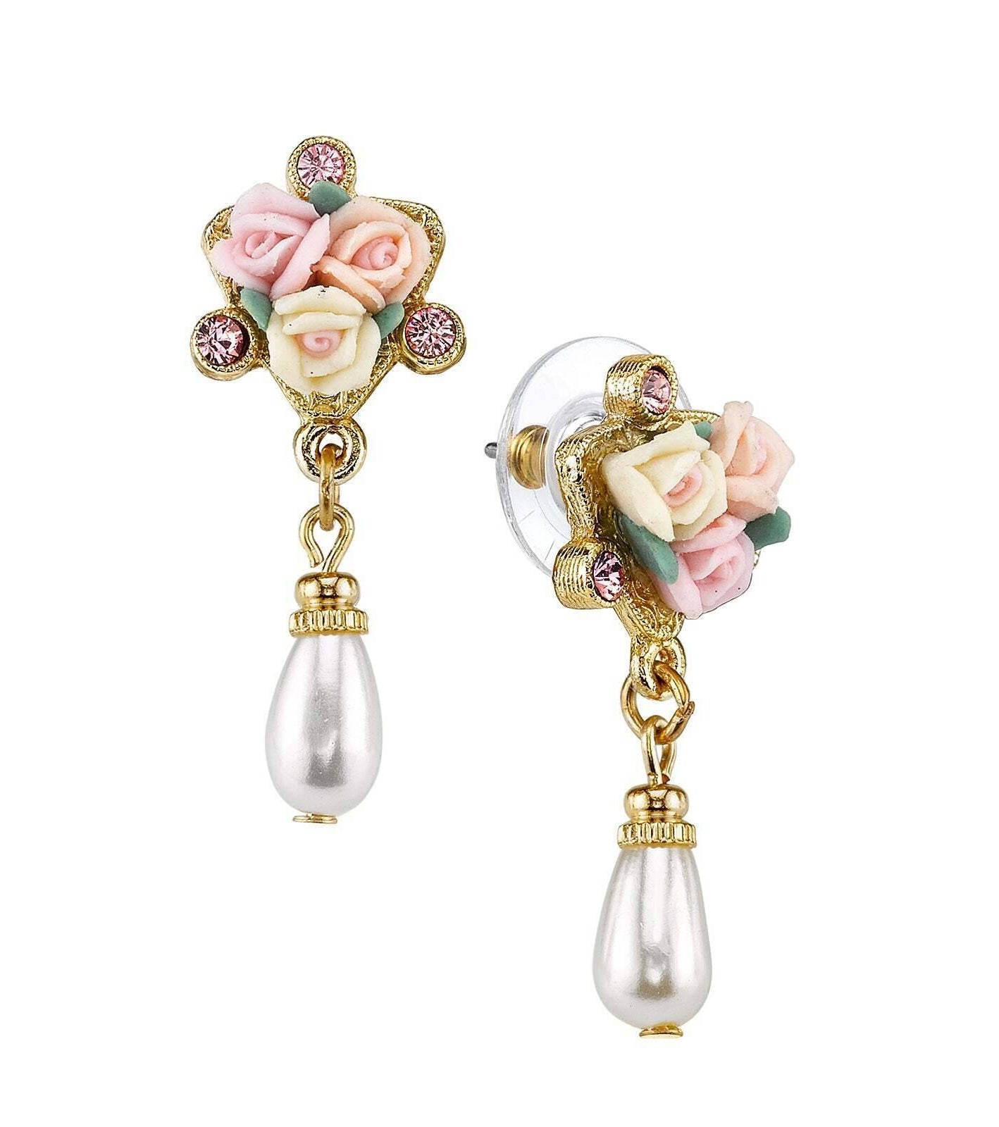 1928 Bridal Multi-Color Porcelain Rose Pink Crystal Faux Pearl Drop Post Earrings