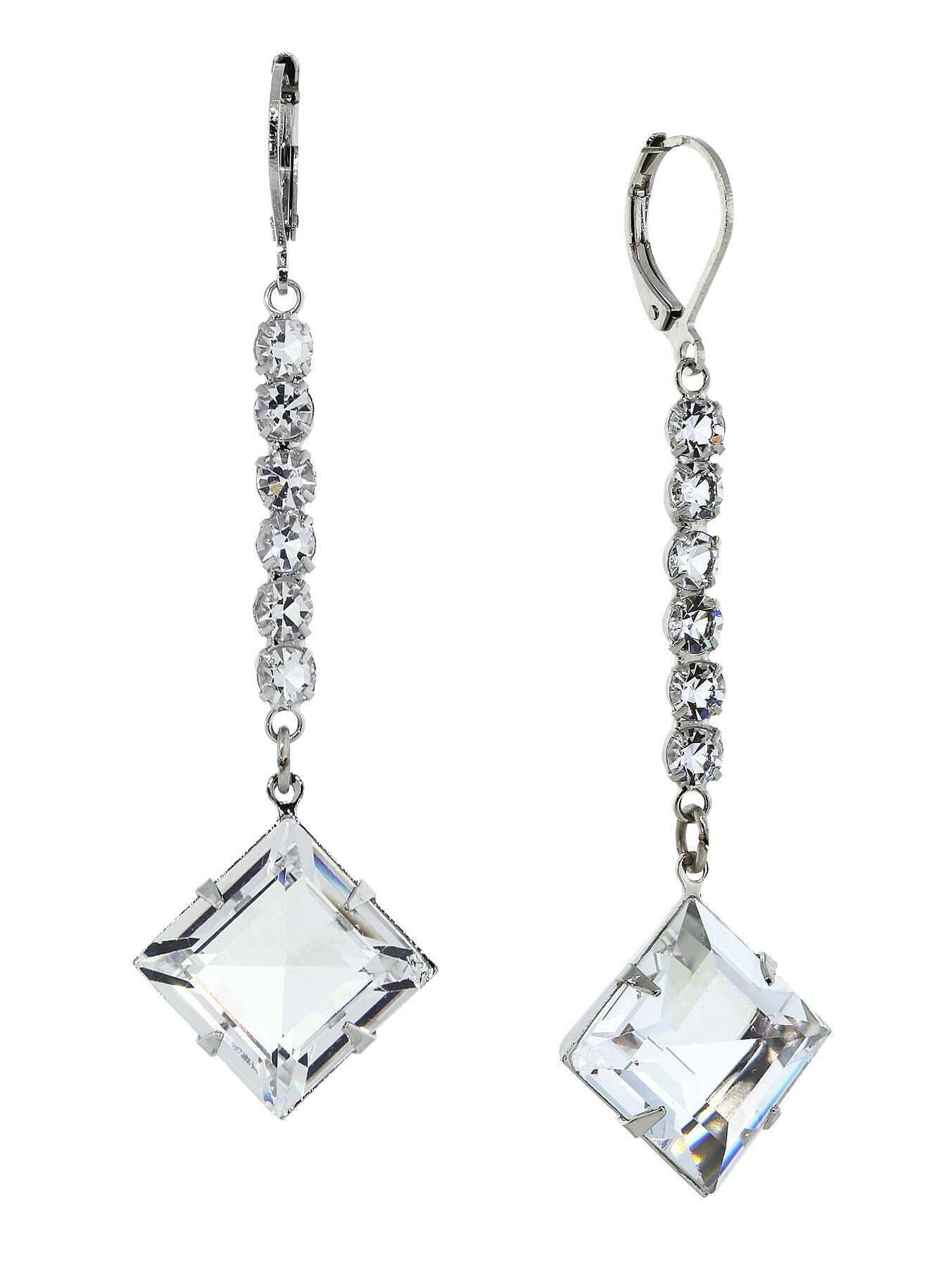 1928 Bridal Genuine Austrian Crystal Diamond Shape Drop Linear Earrings