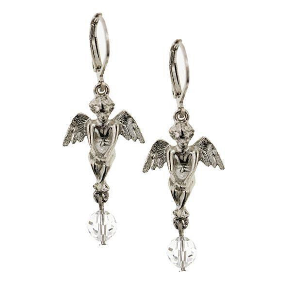 Silver Tone Crystal Angel Drop Earrings