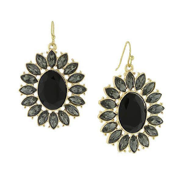 Gold Tone Jet Black Faceted Oval W/ Navette Accent Drop Earrings