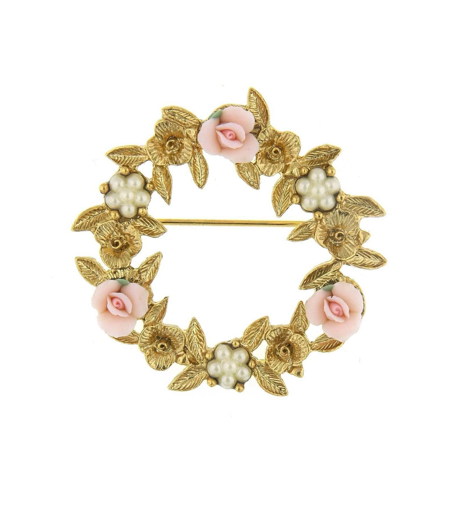 1928 Bridal Pink Porcelain Rose Wreath Brooch
