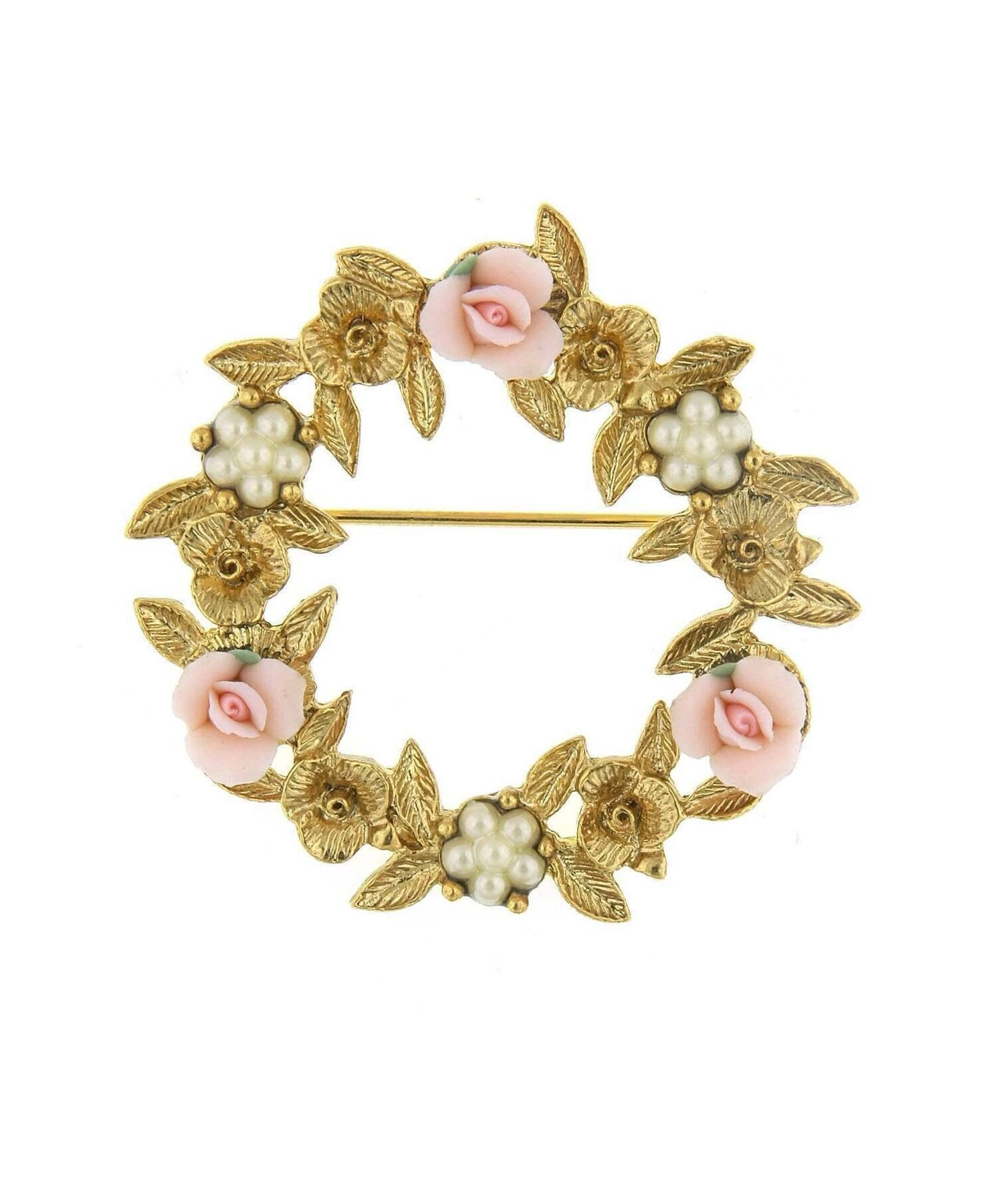 1928 Bridal Pink Porcelain Rose Wreath Brooch