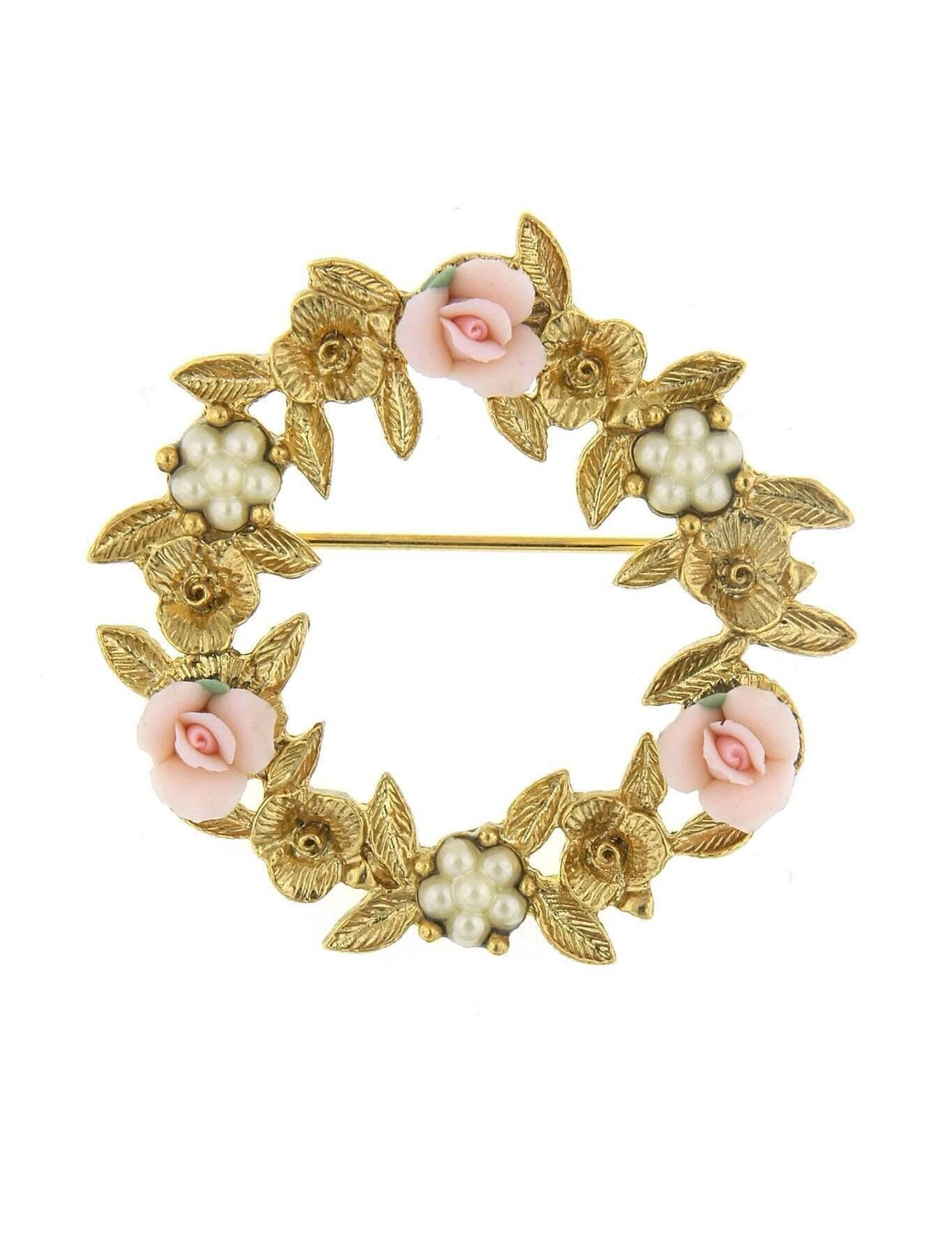 1928 Bridal Pink Porcelain Rose Wreath Brooch