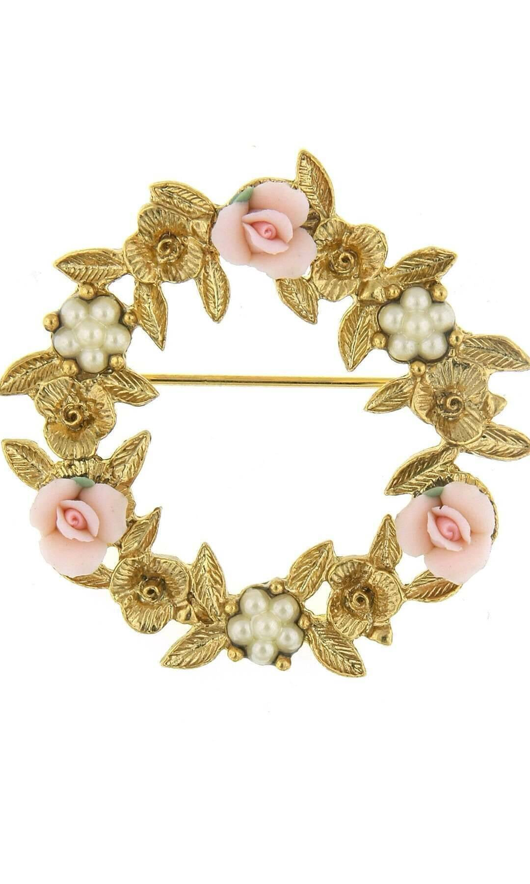 1928 Bridal Pink Porcelain Rose Wreath Brooch