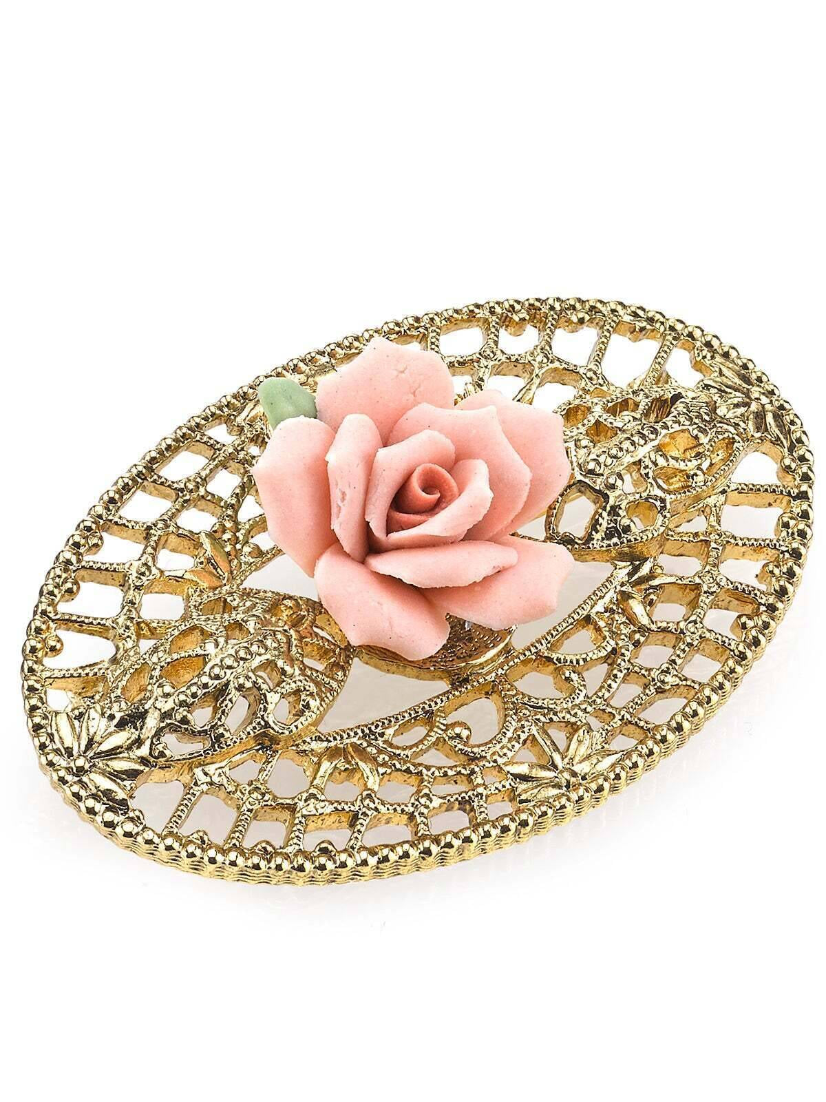 1928 Jewelry Pink Porcelain Rose Filigree Brooch