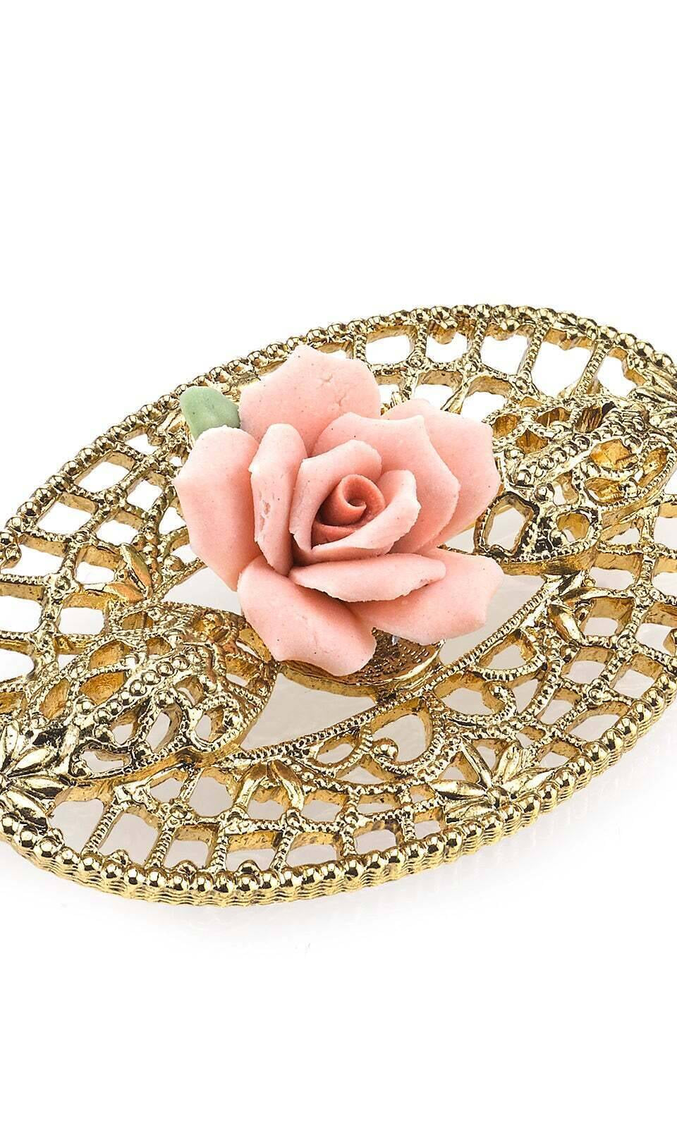 1928 Jewelry Pink Porcelain Rose Filigree Brooch