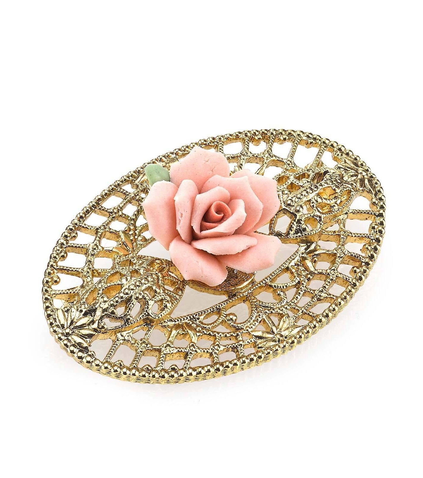 1928 Jewelry Pink Porcelain Rose Filigree Brooch