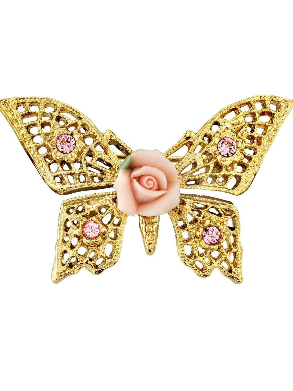 1928 Jewelry Light Rose Pink Austrian Crystal And Pink Porcelain Rose Butterfly Brooch