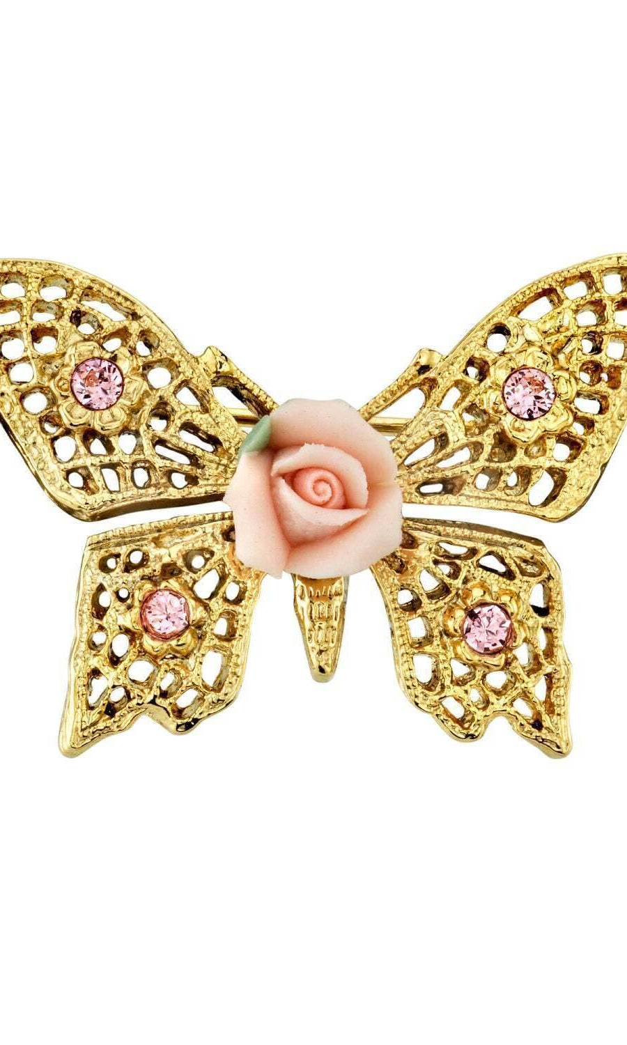 1928 Jewelry Light Rose Pink Austrian Crystal And Pink Porcelain Rose Butterfly Brooch