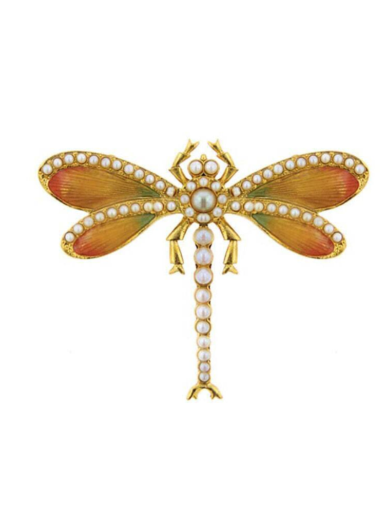 Antiquities Couture Hand Enameled Orange Enamel With Faux Pearl Balantinis Dragonfly Pin