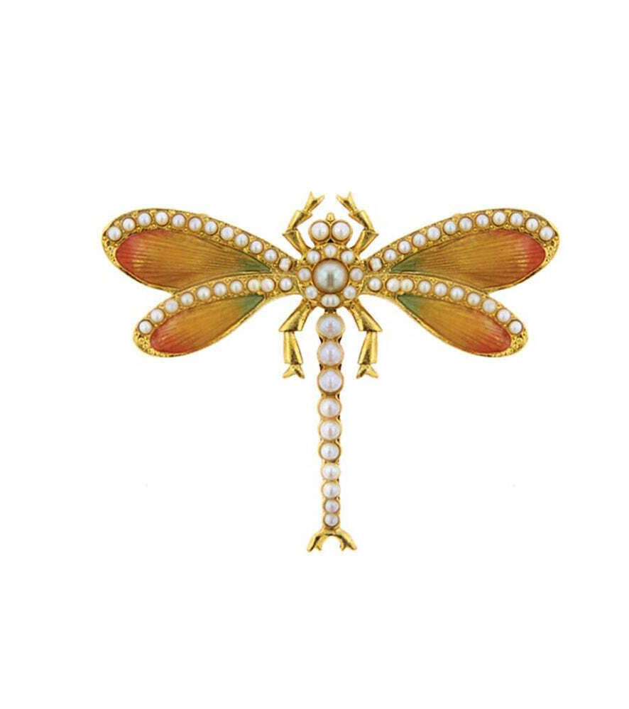 Antiquities Couture Hand Enameled Orange Enamel With Faux Pearl Balantinis Dragonfly Pin