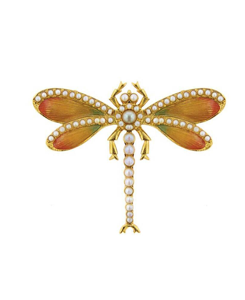 Antiquities Couture Hand Enameled Orange Enamel With Faux Pearl Balantinis Dragonfly Pin