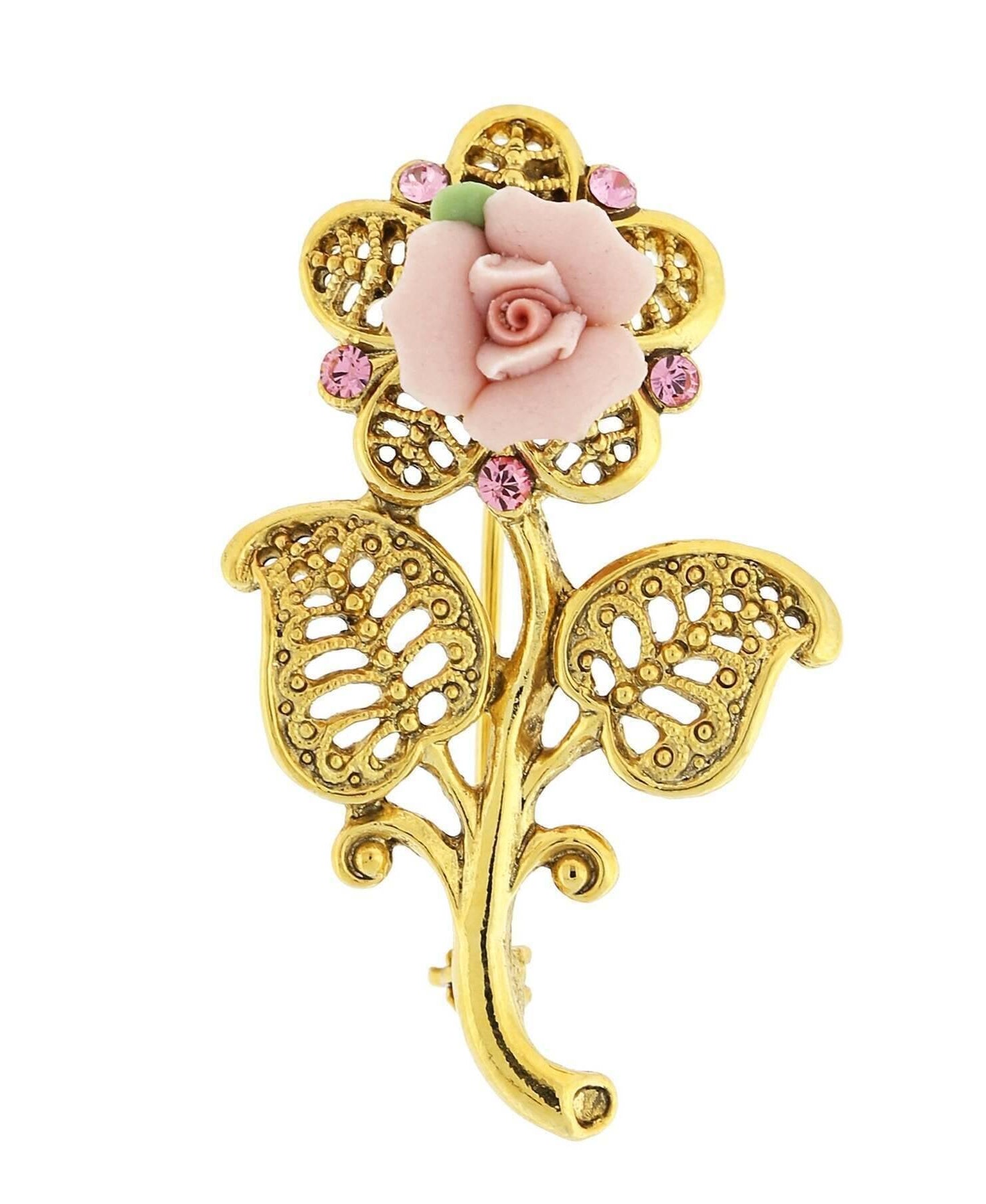 1928 Bridal Pink Crystal And Porcelain Rose Brooch
