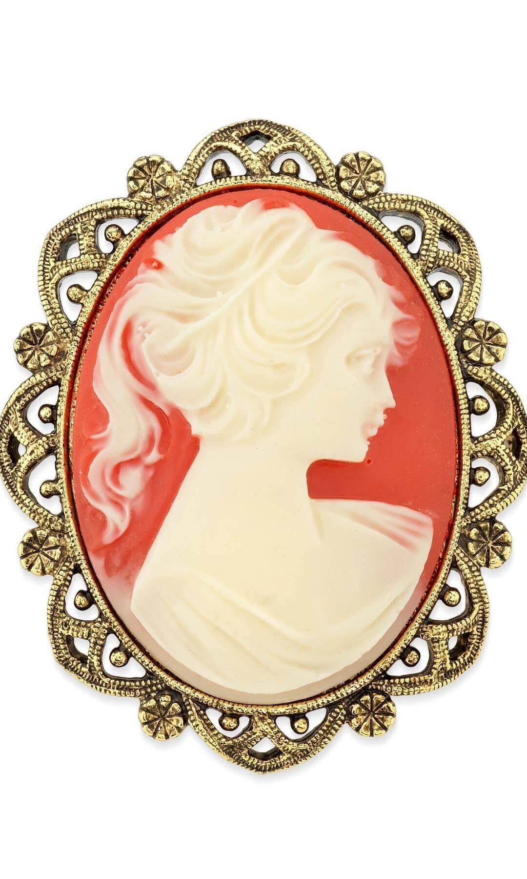 1928 Jewelry Faux Carnelian Cameo Oval Brooch