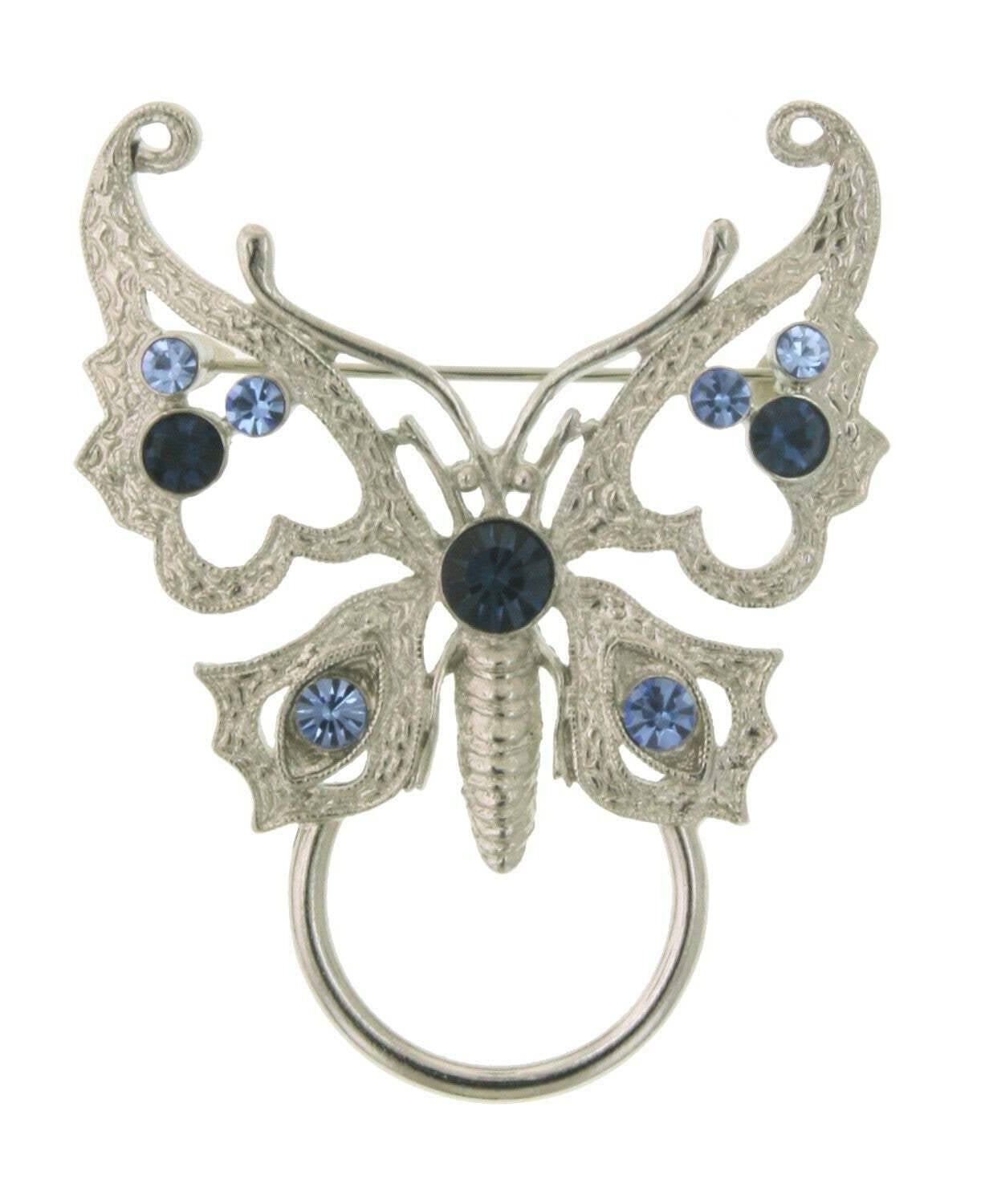 1928 Jewelry Blue Crystal Butterfly Pin Badge & Eyeglass Holder Pin
