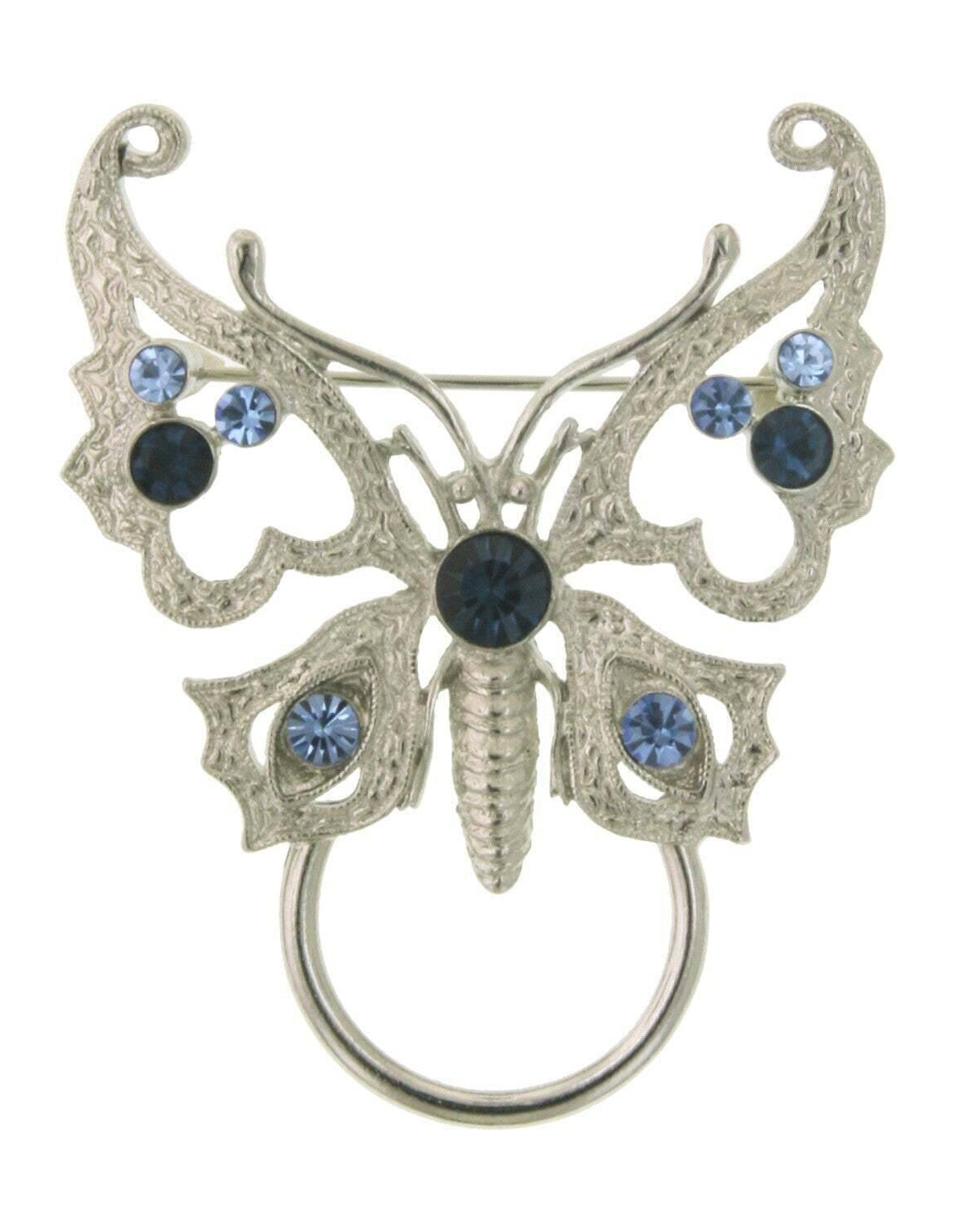 1928 Jewelry Blue Crystal Butterfly Pin Badge & Eyeglass Holder Pin