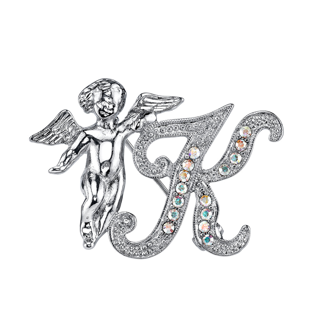 Silver Tone Aurore Boreale Crystal Angel Initial Pin F