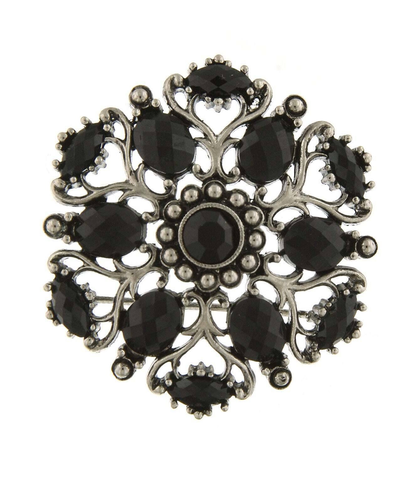 1928 Jewelry Jet Black Stone Ornate Brooch Pin