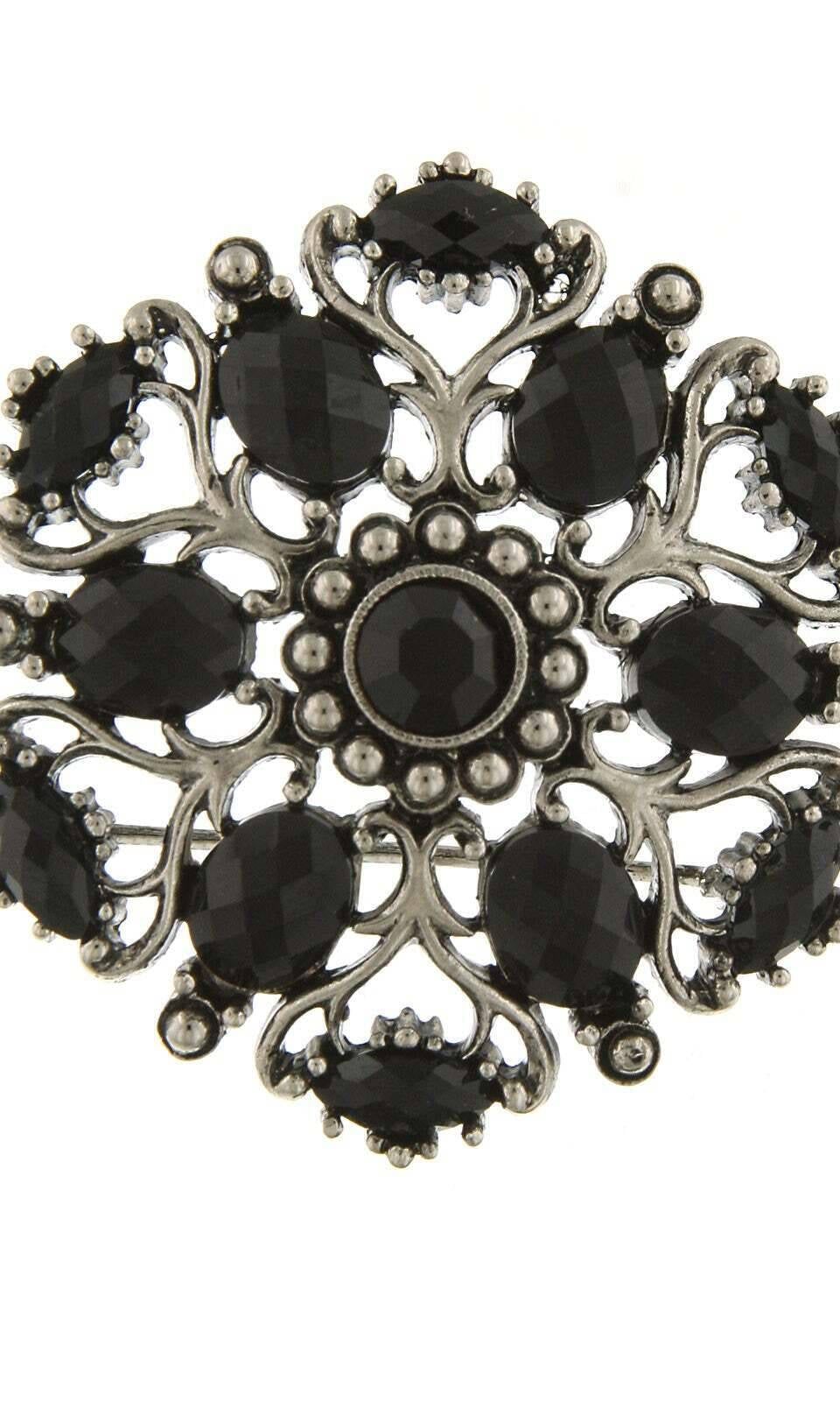 1928 Jewelry Jet Black Stone Ornate Brooch Pin