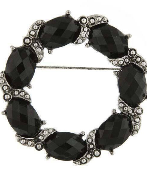 1928 Jewelry Black Faceted Stone Wreath Pin