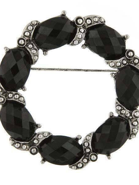 1928 Jewelry Black Faceted Stone Wreath Pin