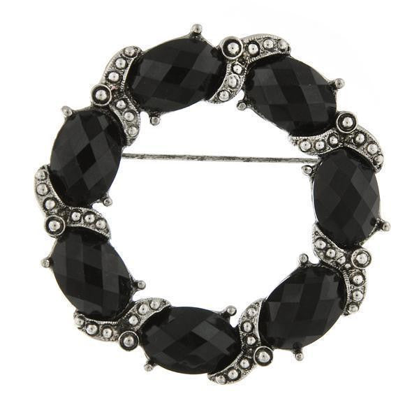 Silver Tone Black Faceted Stone Wreath Pin