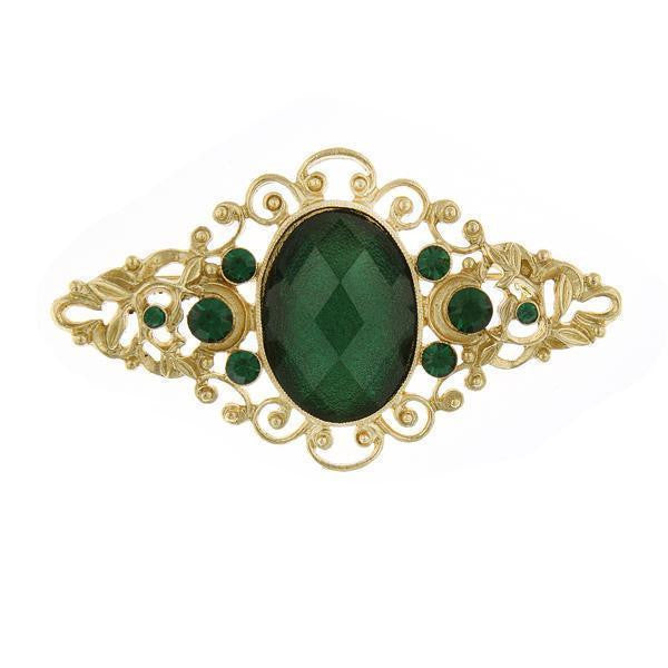Gold Tone Green Stone And Green Crystal Filigree Pin